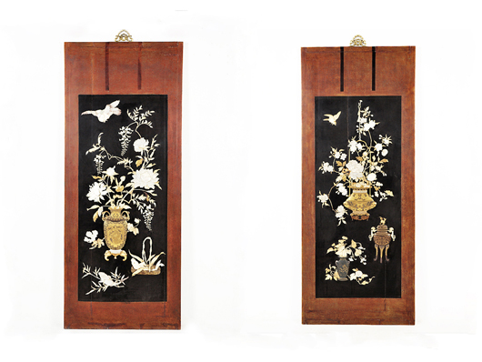 A fine pair of Japanese Shibayama lacquer panes mounted with ivory, mother of pearl, moonstone and gold lacquer in relief, circa 1868-1912, sold for $5,700. Each is 68 inches high x 27 inches wide. Image courtesy of Morton Kuehnert Auctioneers.